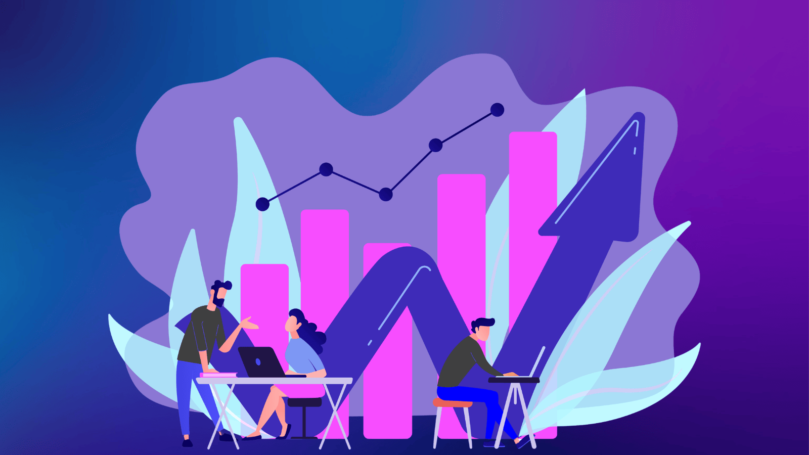 Illustration of three people working at laptops in front of pink bar charts and an upward arrow, with a line graph showing growth on a blue-purple gradient background.