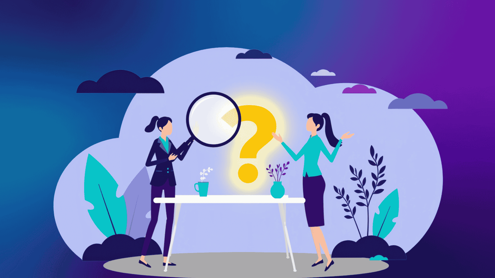 Illustration of two women on either side of a table with a large glowing yellow question mark between them; one holds a magnifying glass, set against a purple background with clouds and plants