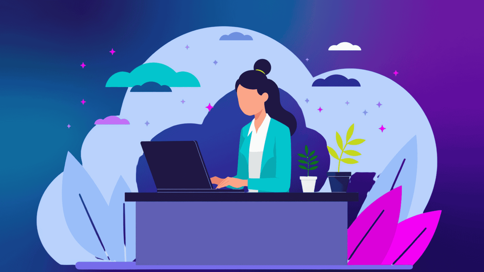 Illustration of a woman working on a laptop at a desk, set against a purple and blue background with clouds, plants, and decorative sparkles.
