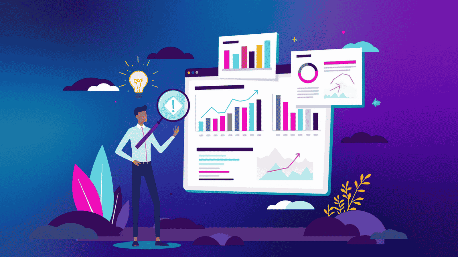 Businessman reviewing sales data charts and growth graphs on a digital dashboard.