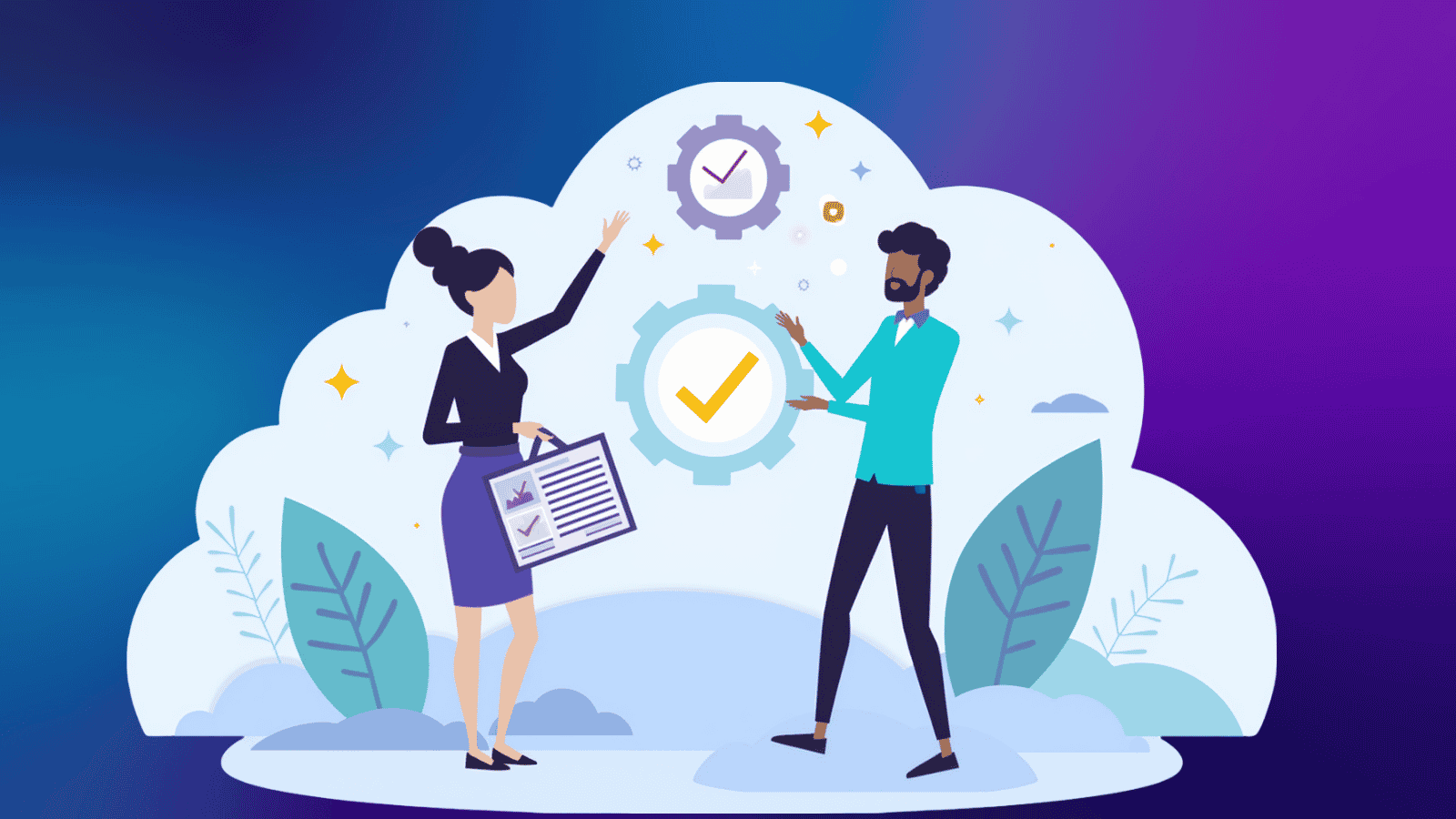Here's a short alt text option Illustration of a businesswoman and businessman shaking hands in agreement, with checkmark and gear icons symbolizing approval and collaboration, set against a purple and blue background.