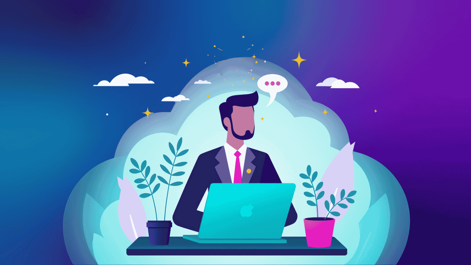 Businessman working at a laptop with a speech bubble, surrounded by plants, representing inside sales communication.