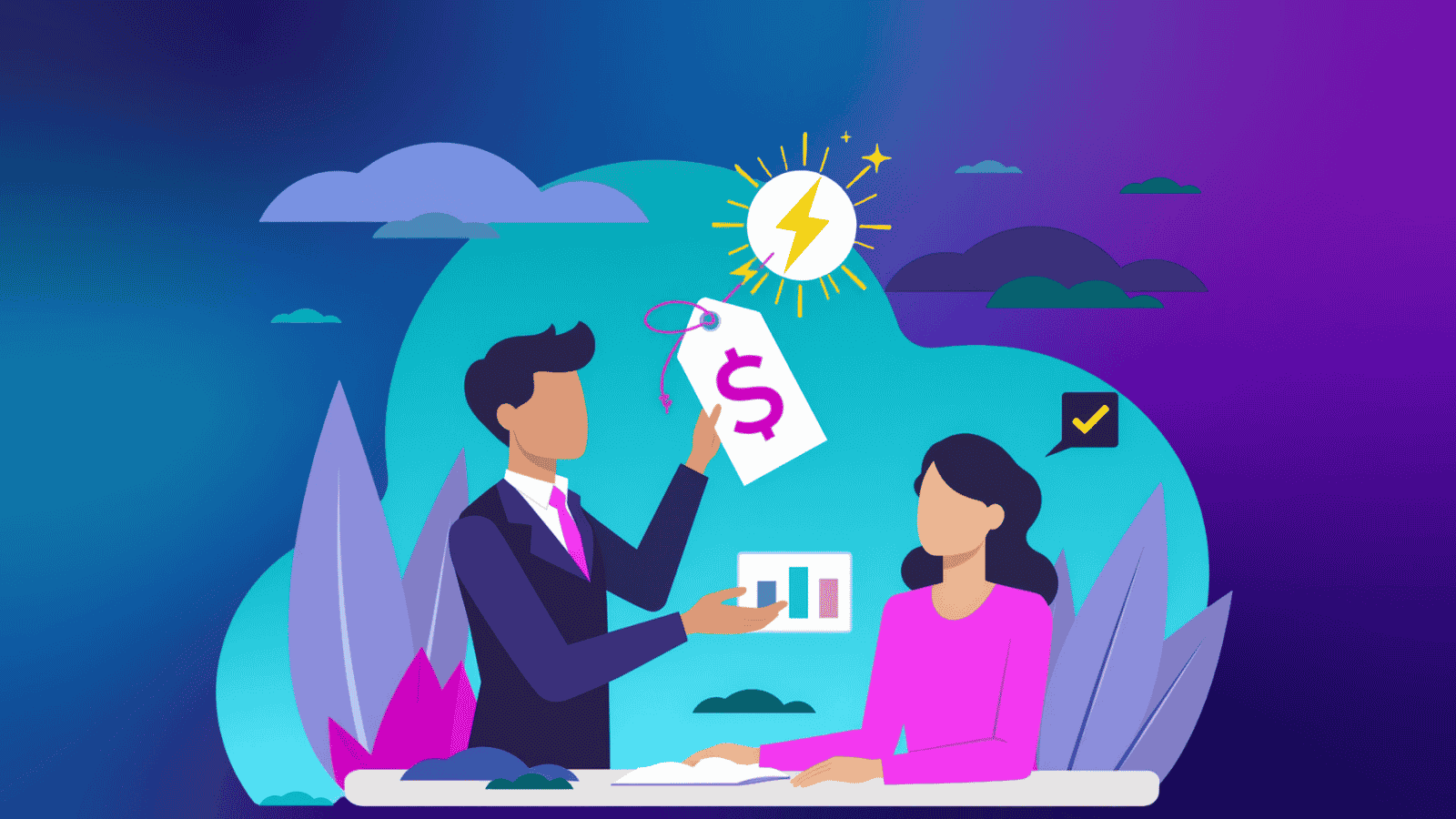 Businessman handing a price tag with a dollar sign to a businesswoman, representing a sales pitch and closing a deal.