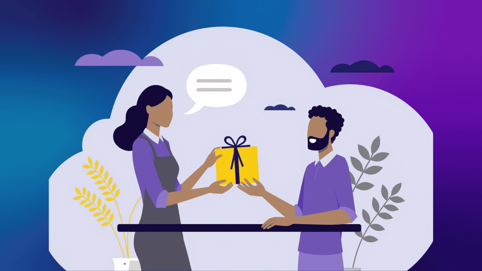 Businesswoman handing a yellow gift box to a businessman, representing delivering value to a customer.