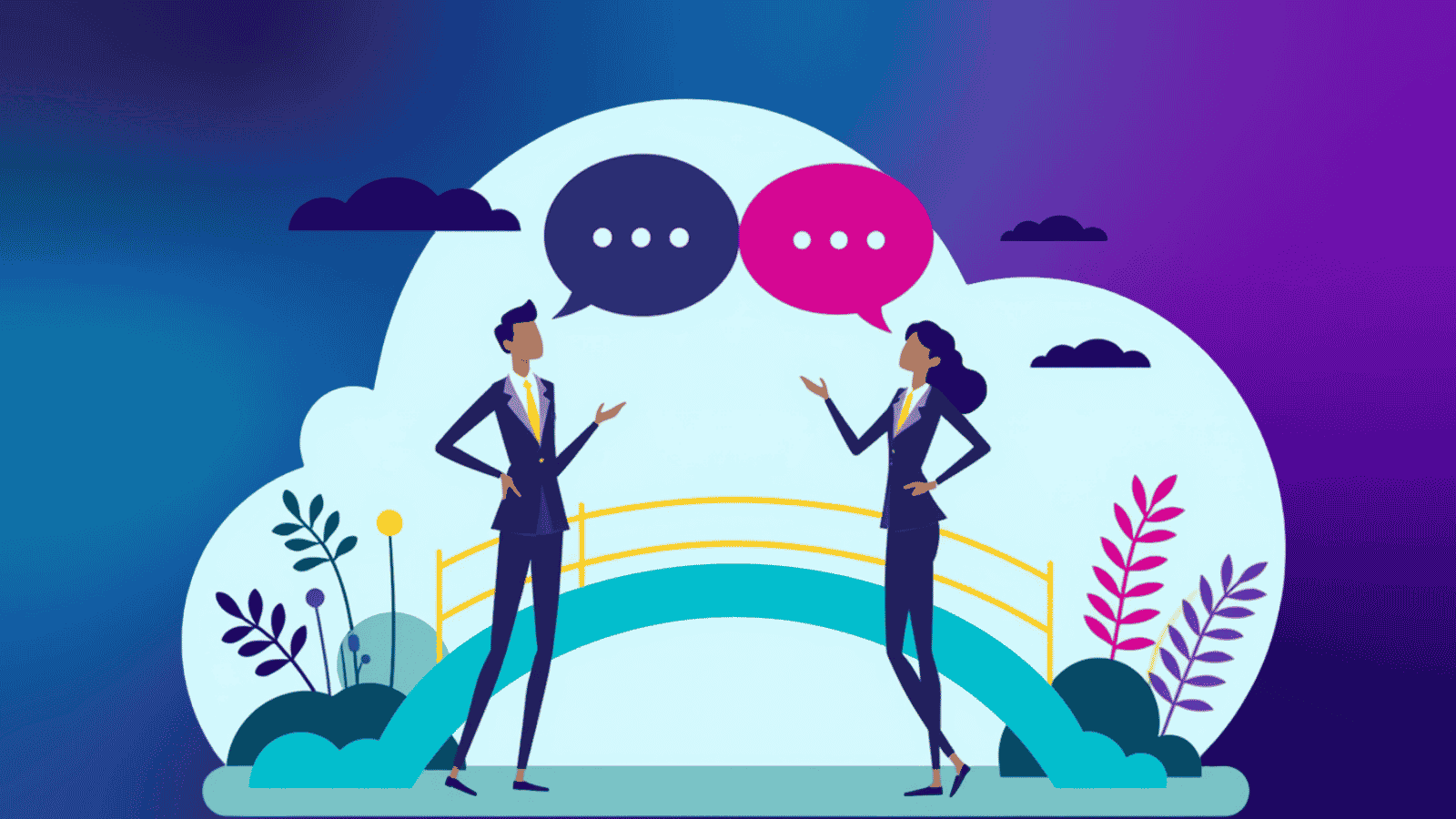 Two business professionals having a conversation with speech bubbles, representing storytelling and dialogue in sales.