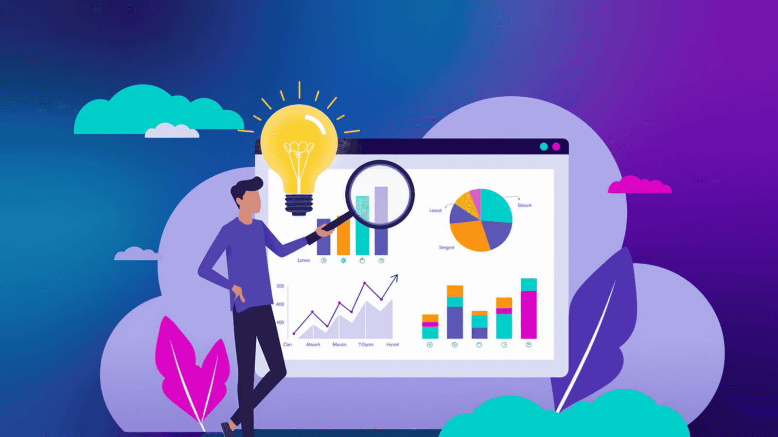 Businessman analyzing data charts and graphs with a magnifying glass next to a glowing lightbulb, representing business insight and analytical thinking.