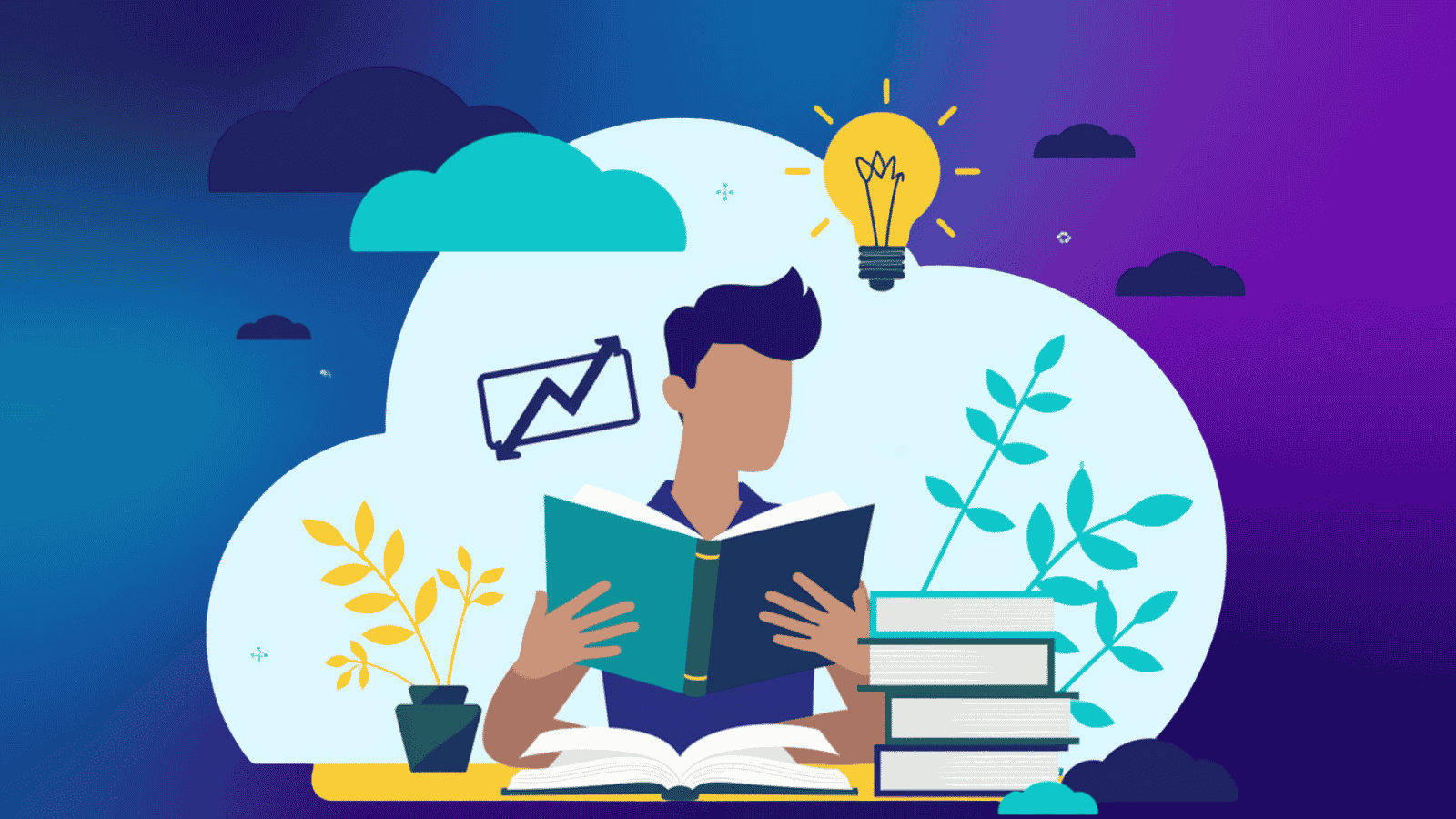 Man reading a book surrounded by stacked books and a glowing lightbulb, representing learning and building business knowledge.