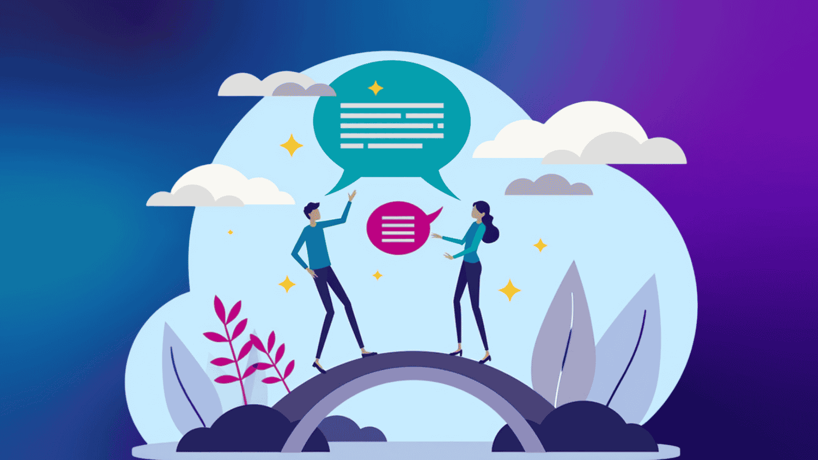 Two business professionals standing on a bridge with speech bubbles above them, representing communication and connection.