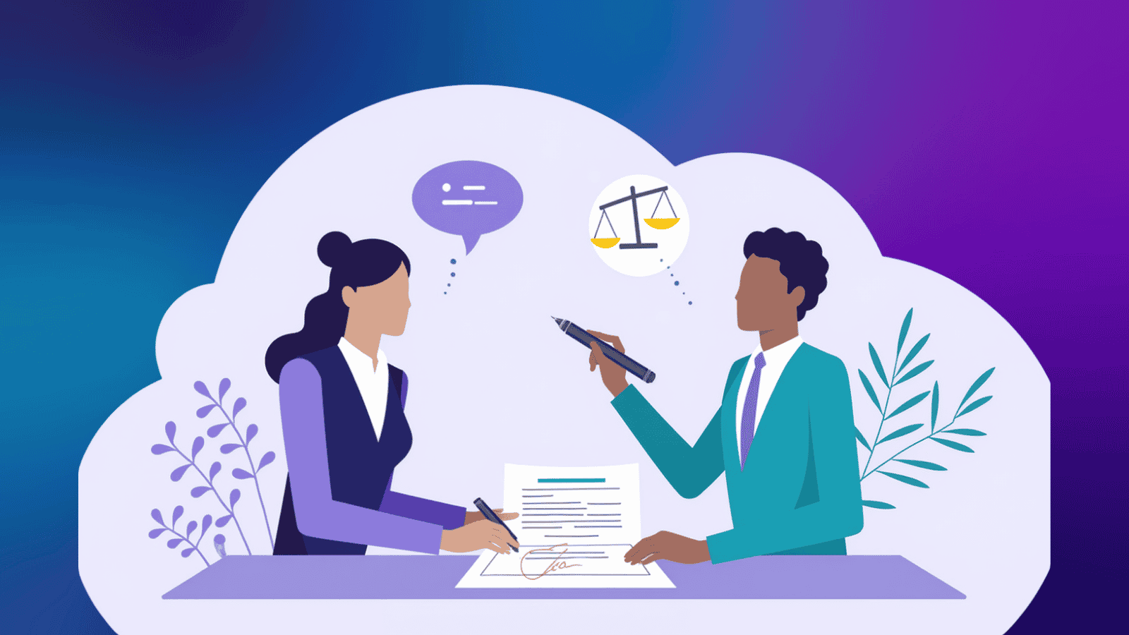 Two business professionals reviewing and signing a contract together at a desk, representing thoughtful discovery and agreement.