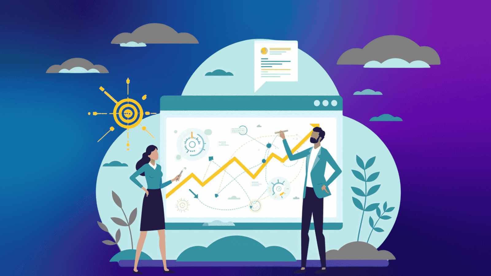 Two business professionals analyzing an upward growth chart on a large screen, representing revenue insights and business analytics.