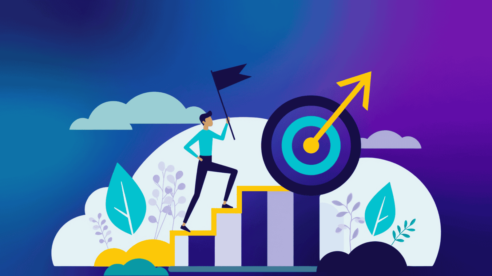 Businessman climbing a bar chart staircase while holding a flag at the top, representing achievement and thriving in sales.