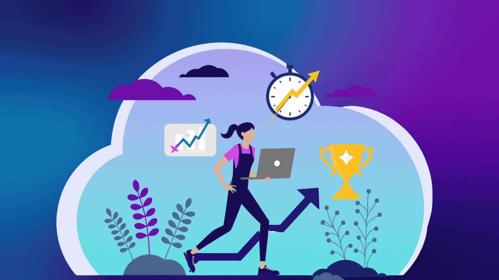 Athletic woman running with a laptop toward a gold trophy, with a stopwatch and growth chart, representing sales training and peak performance.