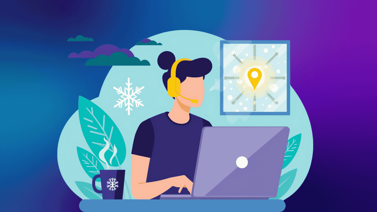 Woman with a headset working on a laptop next to a hot drink and a snowflake, representing warm sales calls during winter.