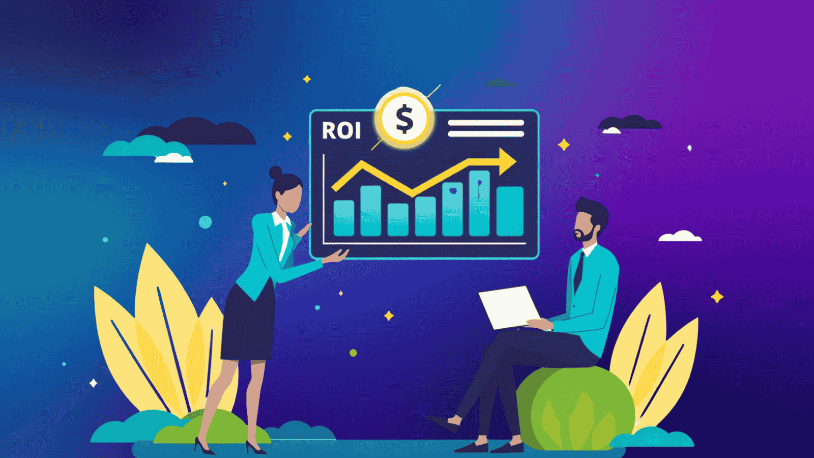 Businesswoman presenting an ROI growth chart with a dollar coin, representing the value and return on investment of a sales offering.