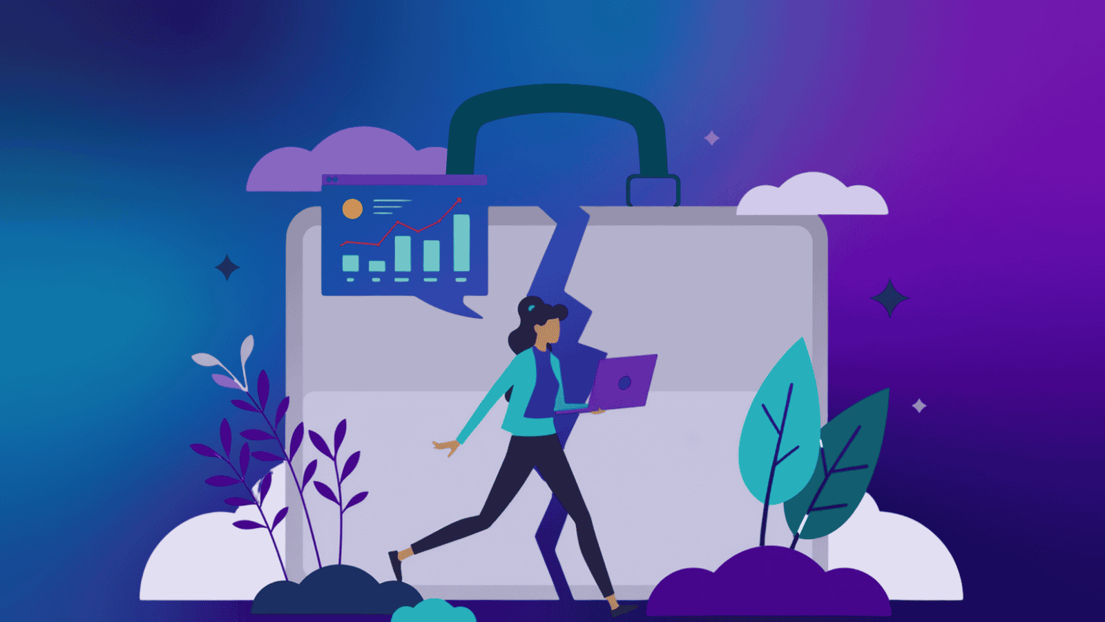 Confident businesswoman walking with a laptop in front of a large briefcase displaying a growth chart, representing career momentum and a productive year ahead.