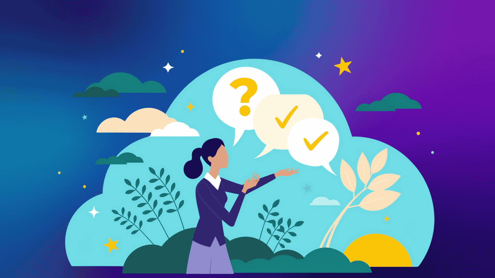 Businesswoman gesturing toward speech bubbles with question marks and checkmarks, representing asking insightful questions and finding answers.