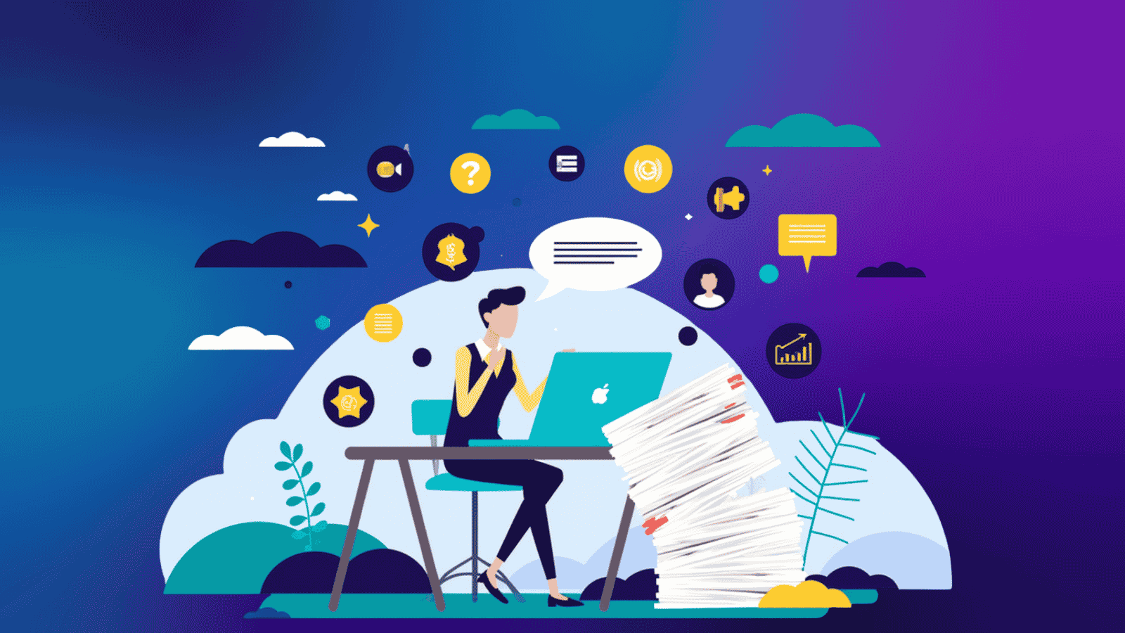Overwhelmed businesswoman at a laptop surrounded by piles of paperwork and notification icons, representing a busy and stressful workload.