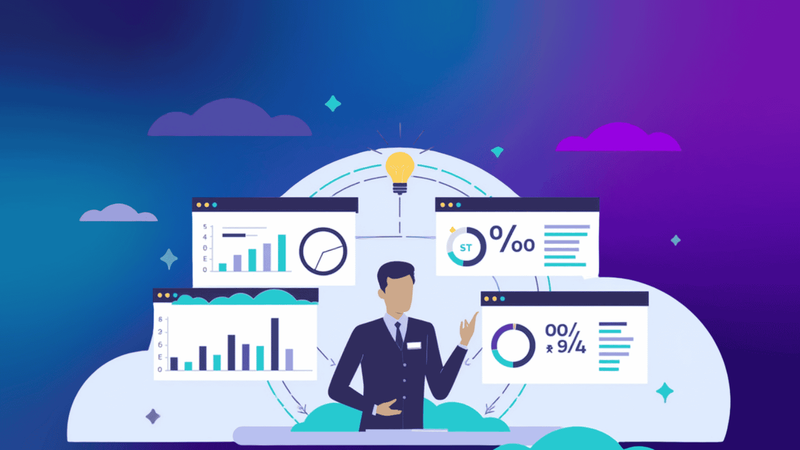 Businessman surrounded by data dashboards and analytics windows with a glowing lightbulb above, representing strategic thinking and B2B insights.