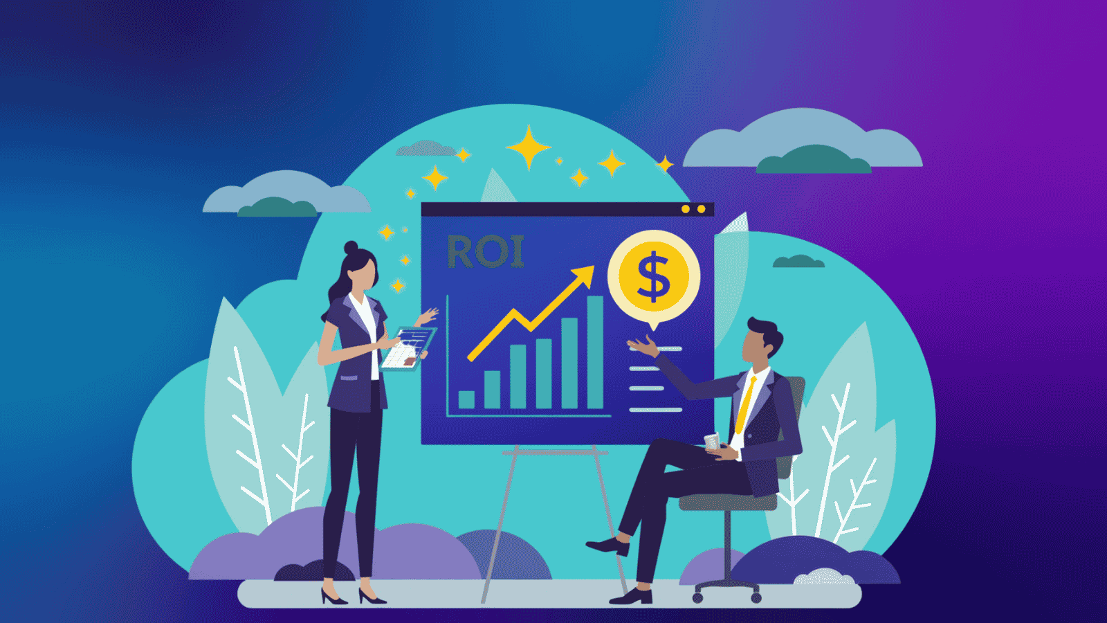 Businesswoman presenting an ROI growth chart with a dollar sign to a seated businessman, representing a discussion about value and return on investment.
