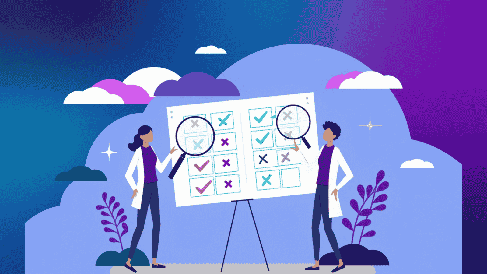 Businesswoman with a magnifying glass reviewing a checklist of checkmarks and Xs on a board, representing evaluating and qualifying sales prospects.