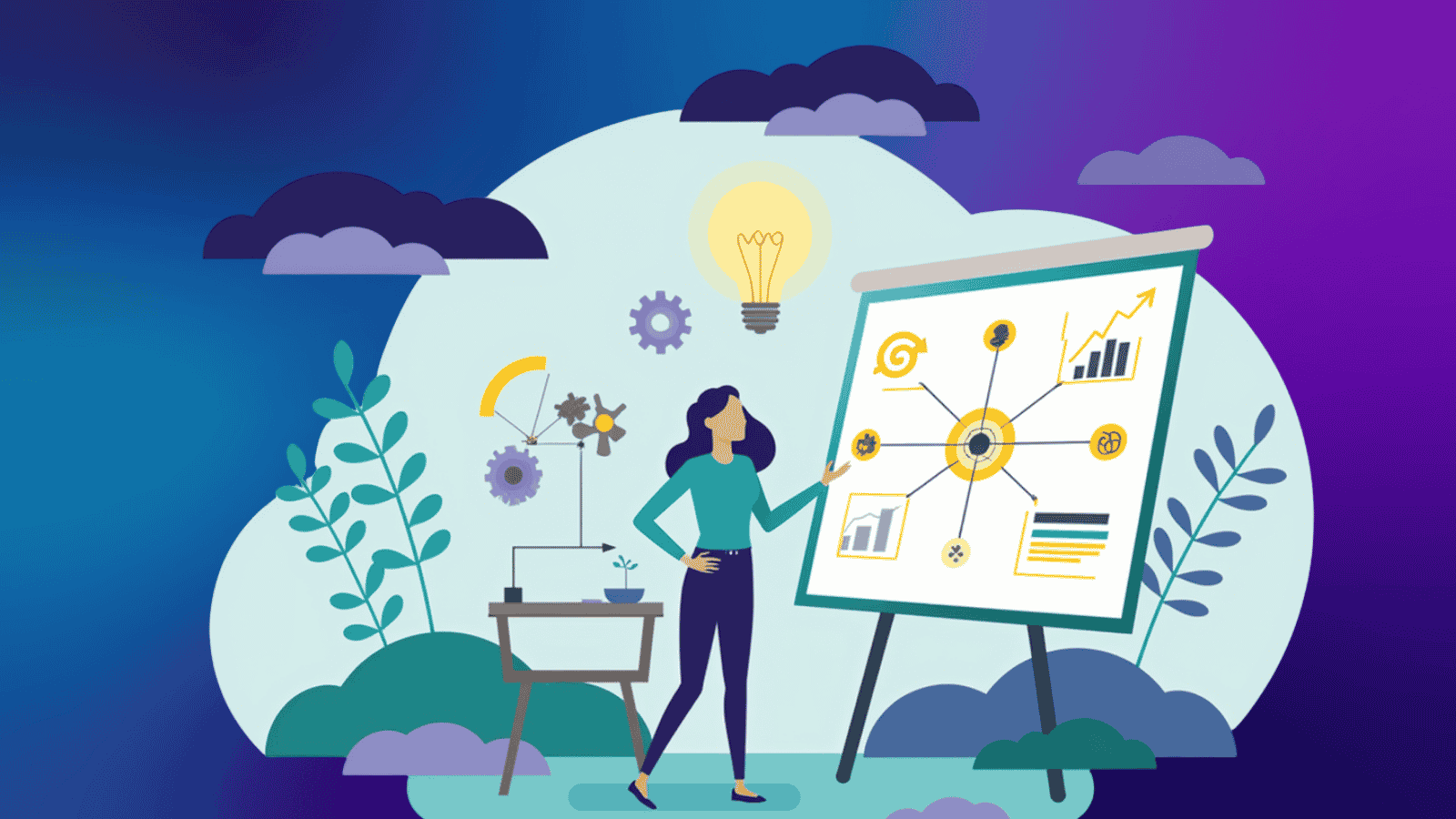 Businesswoman presenting a strategy diagram on a board with a glowing lightbulb above, representing consultative thinking and big-picture strategy.