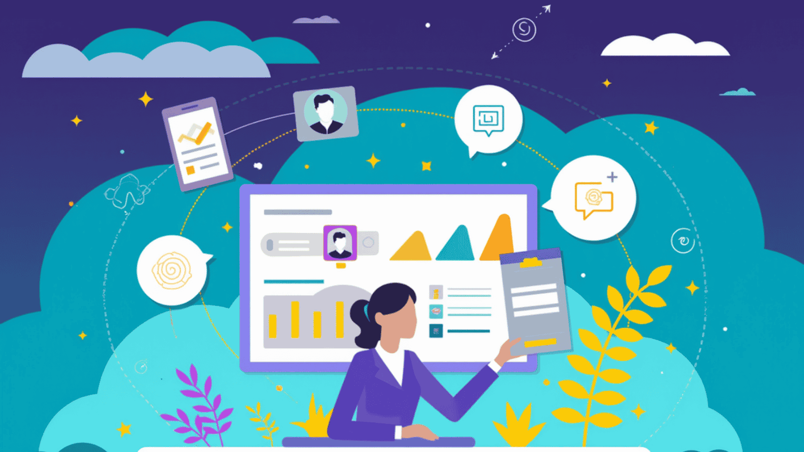 Businesswoman analyzing customer data on a dashboard with connected user profiles and analytics icons, representing customer insights and sales forecasting.