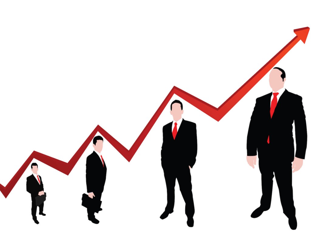 Four business men increasing in size along with a graph line that runs overhead.