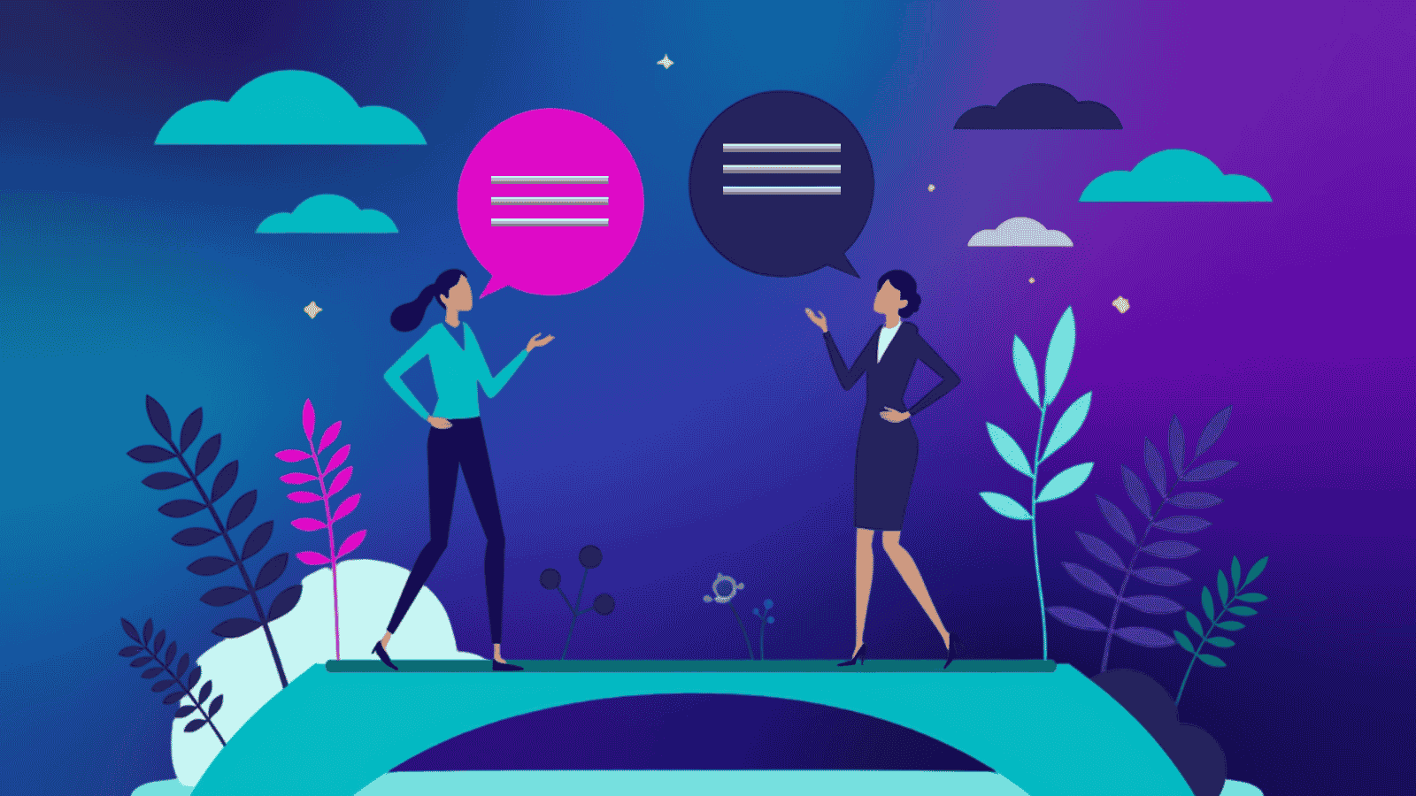 Two business people having a conversation on a bridge, illustrating a coaching conversation.