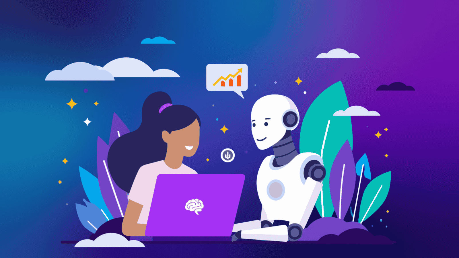 A salesperson and a robot working at a laptop together.