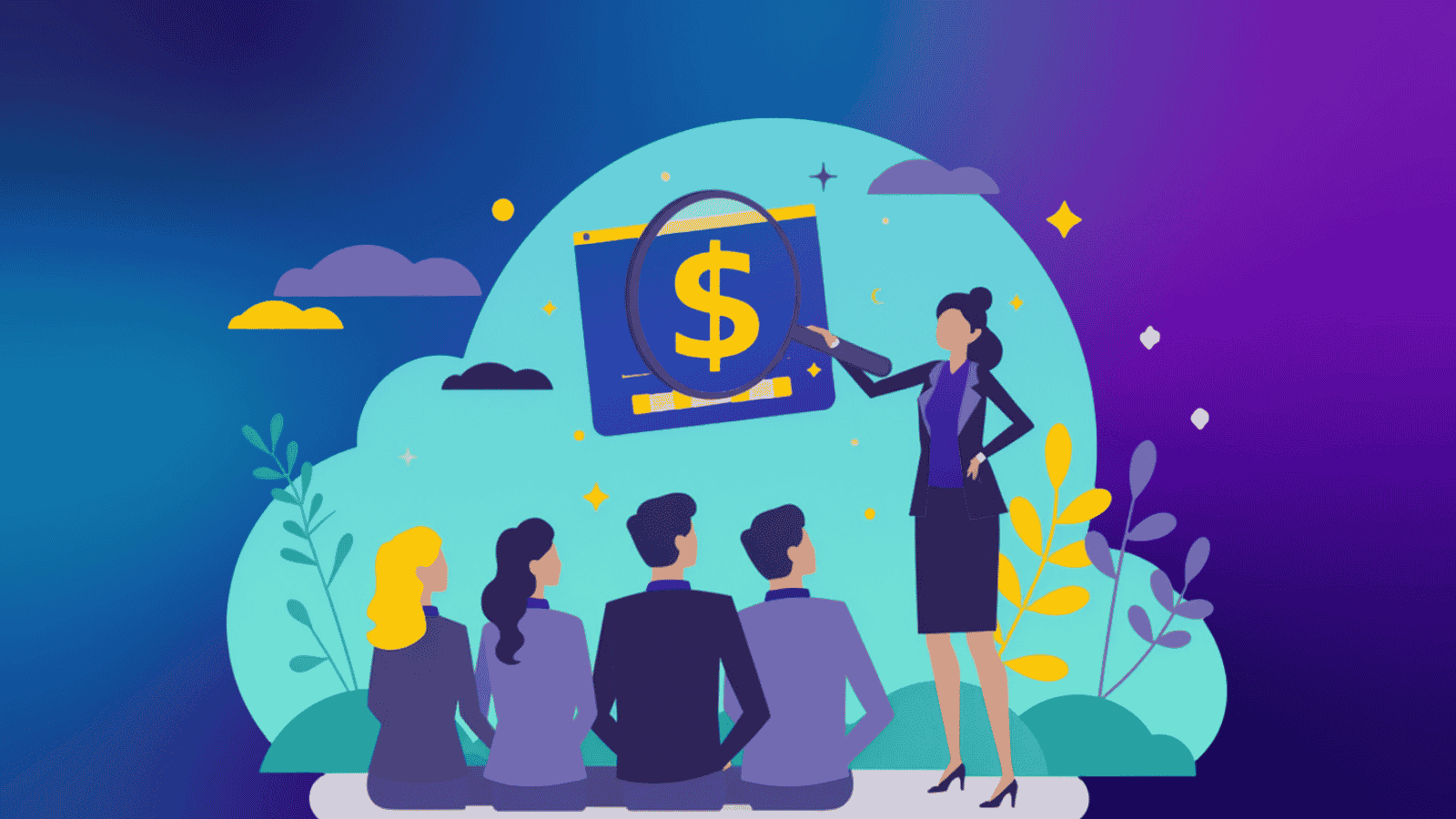A salesperson presenting to a group and pointing to a dollar sign on a chart.