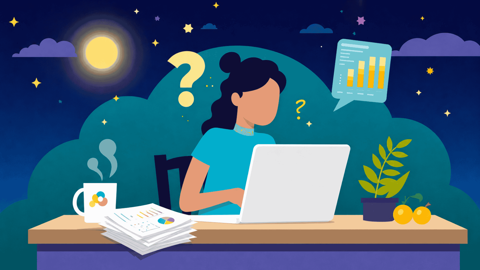 Sales leader reviewing forecast data late at night with reports and question marks around her.