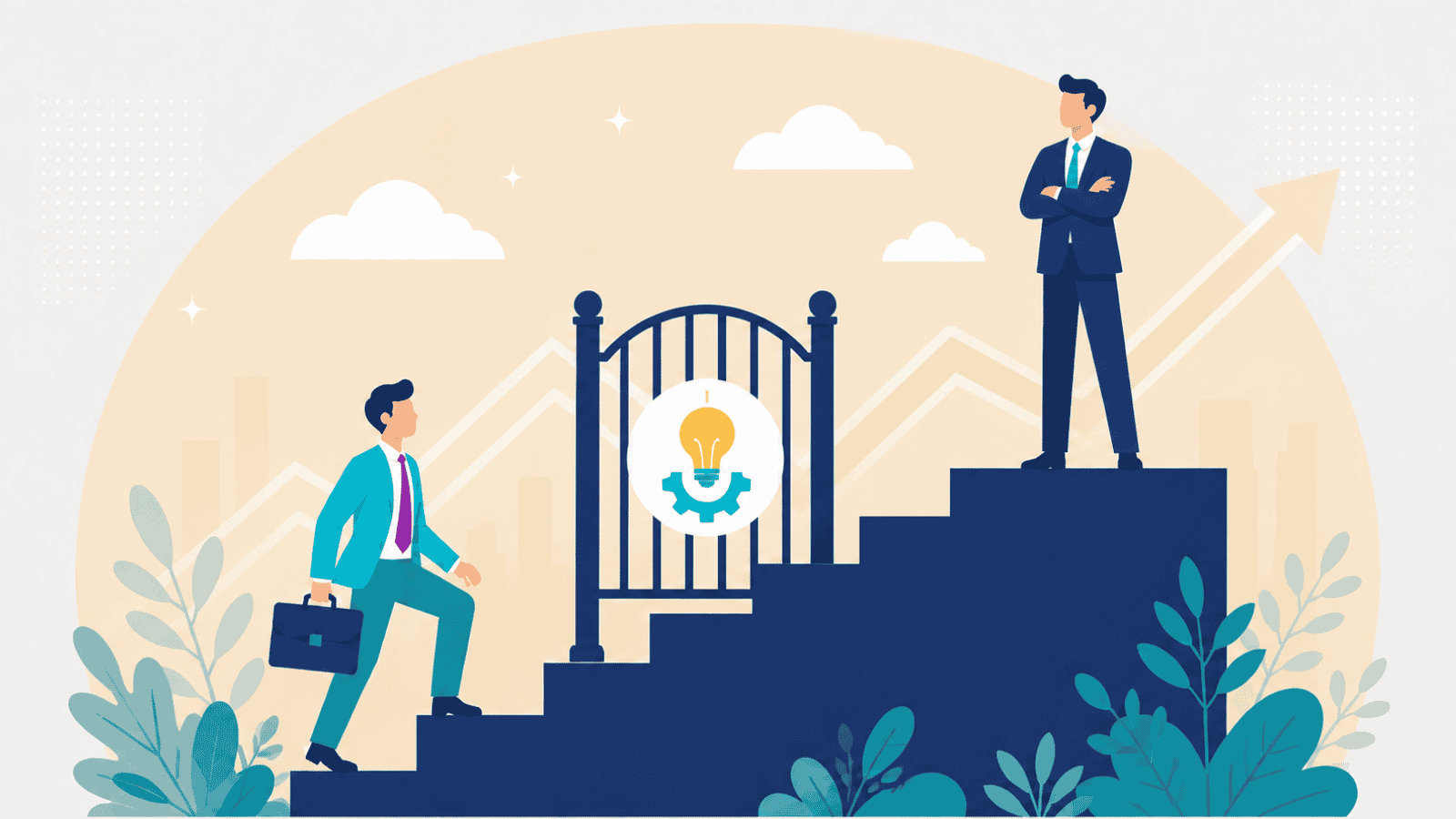 Illustration of a businessman climbing stairs toward a gate marked with a lightbulb-and-gear icon, while another businessman stands confidently at the top beside a rising arrow.