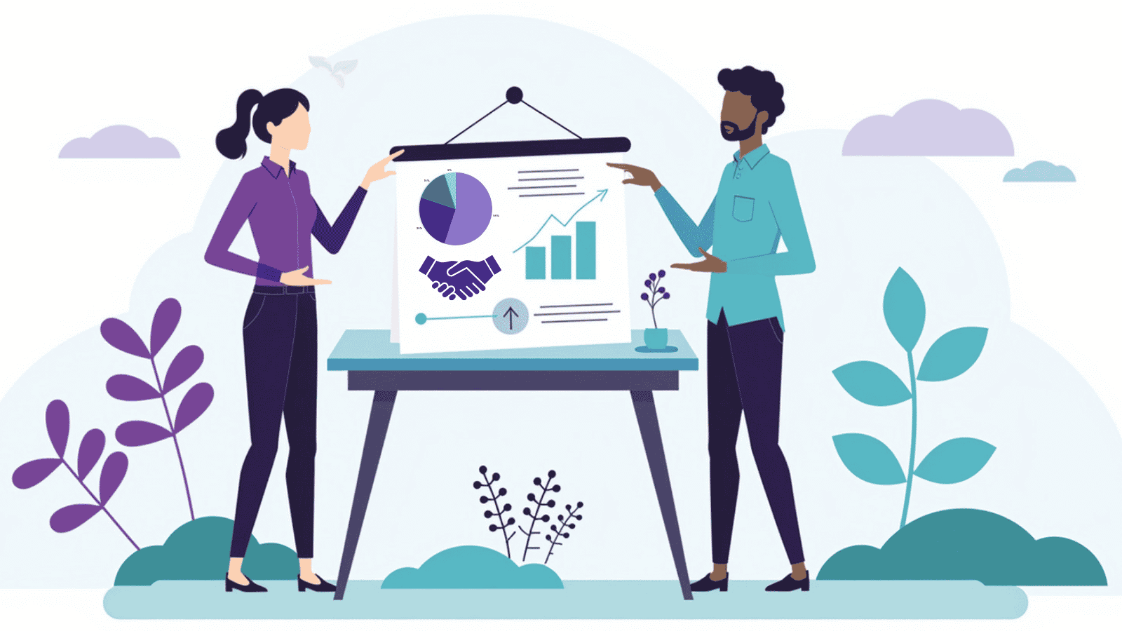 wo colleagues stand on either side of a table, presenting one shared chart with a handshake, a pie chart and a rising bar graph