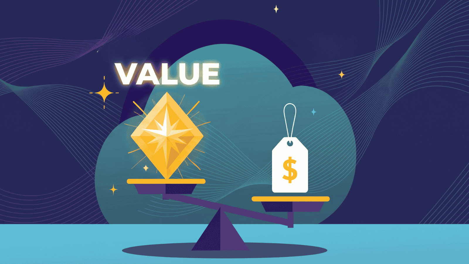 A purple scale on a blue background. On one side the dollar sign is sinking, on the other "value" is rising.