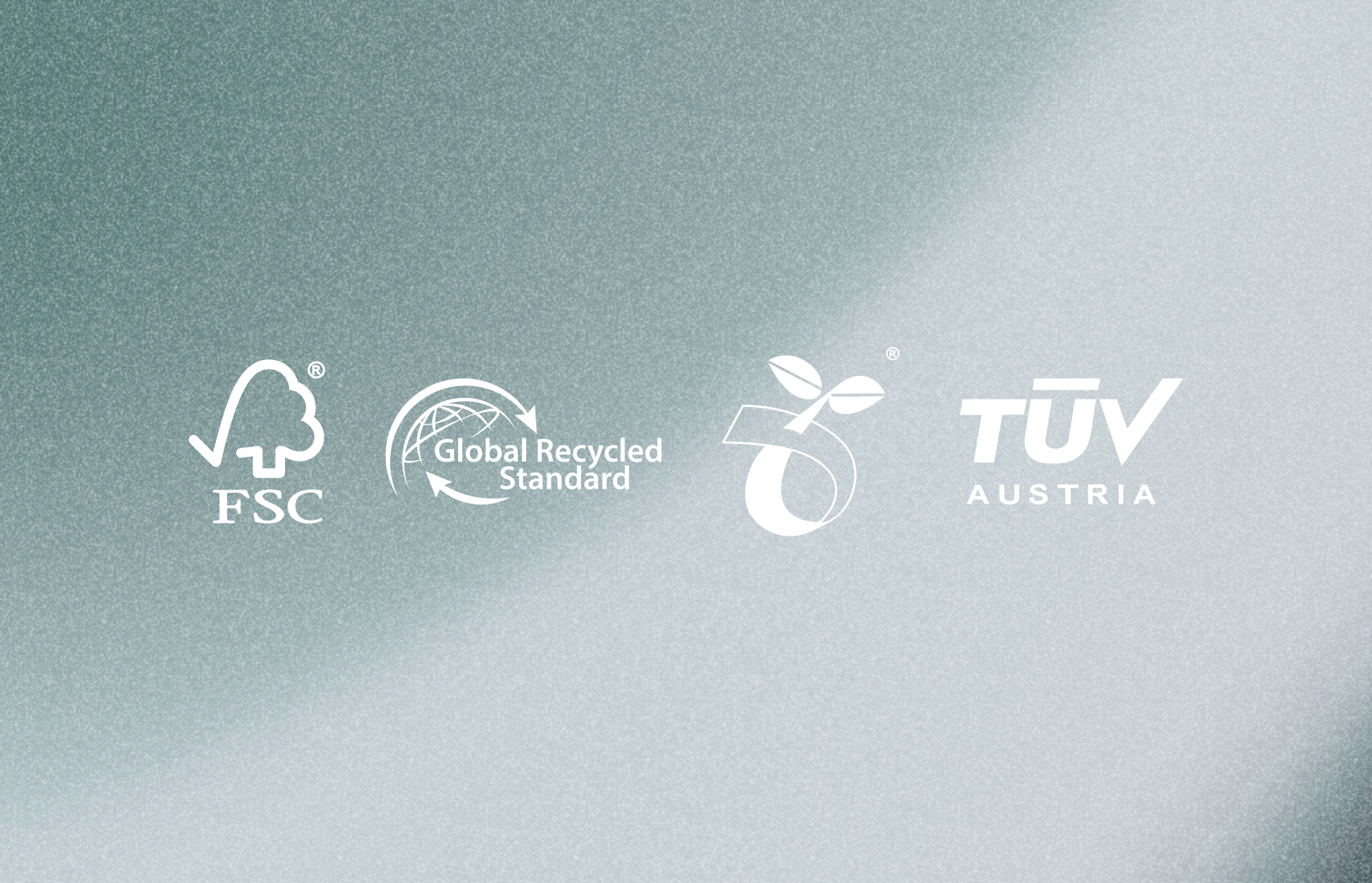 FSC, Global Recycled Standard, compostable, and TUV Austria certification logos