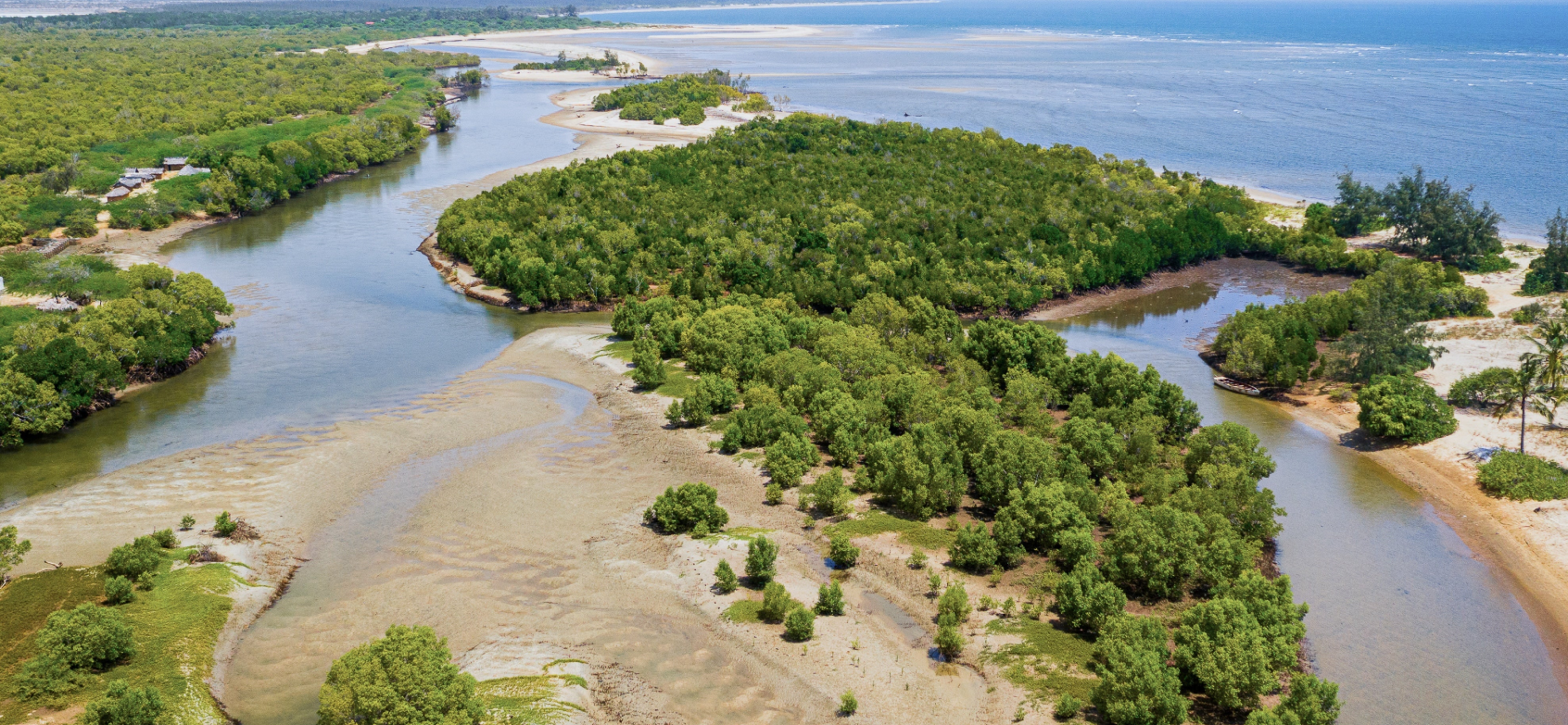 Aerial view of a mangrove estuary meeting the ocean at Marereni, Kilifi County, Kenya