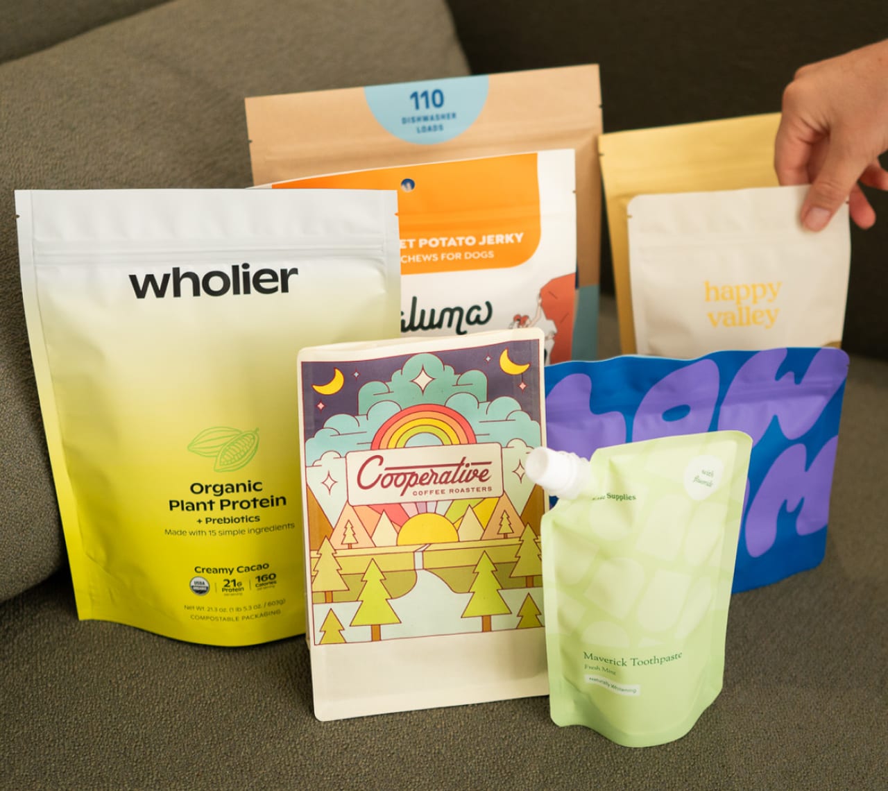 A group of custom Grounded pouches for food and supplement brands