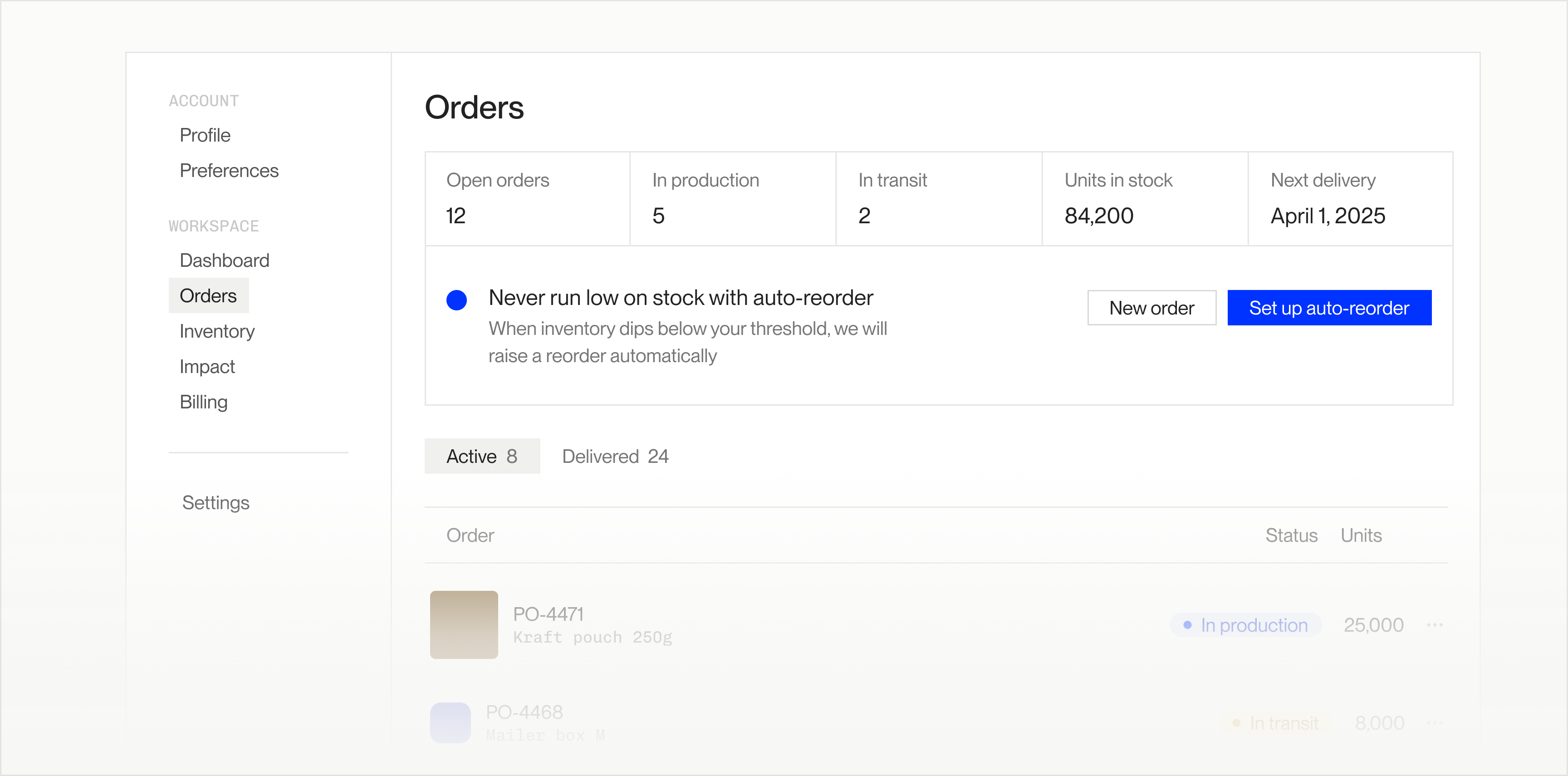 Order dashboard showing open orders, production, transit, stock units, and next delivery date April 1, 2025.