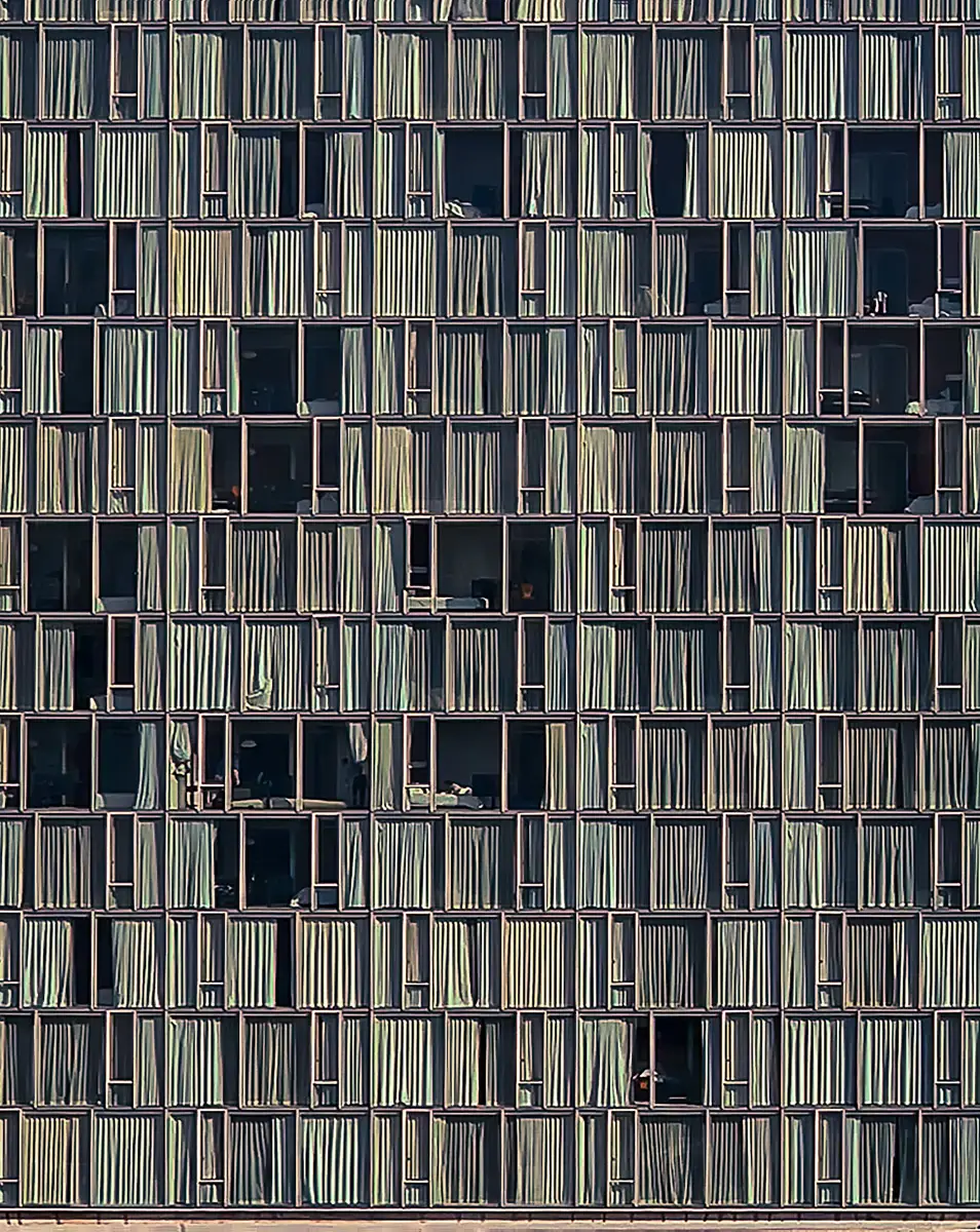 The Standard in NYC, looking across at the pattern of windows and blinds or shades