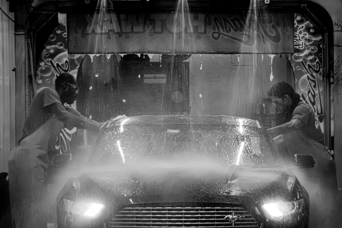 black and white car wash of a Mustang