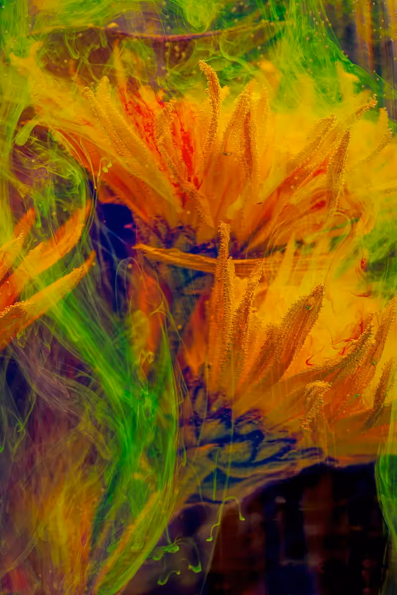 Submerged Series with water, botanicals/flowers and ink:: Enchantment: neon colors of yellow and green