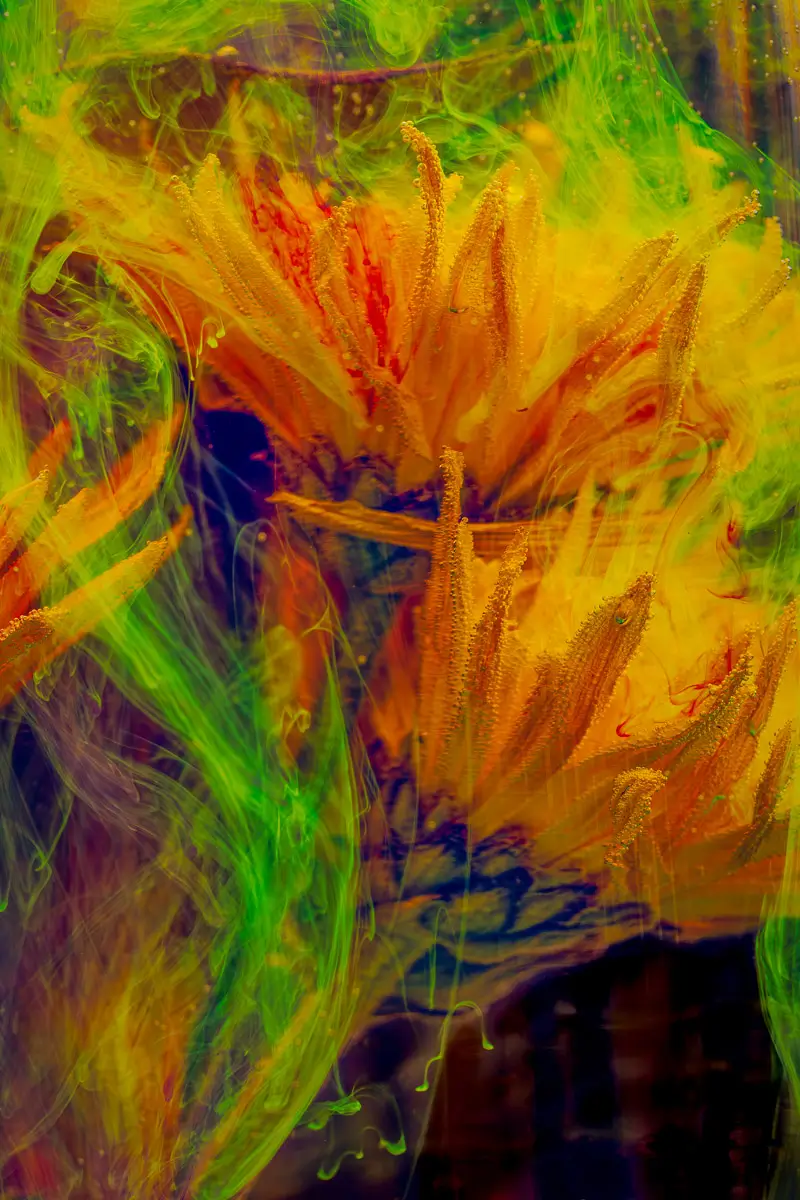 Submerged Series with water, botanicals/flowers and ink:: Enchantment: neon colors of yellow and green