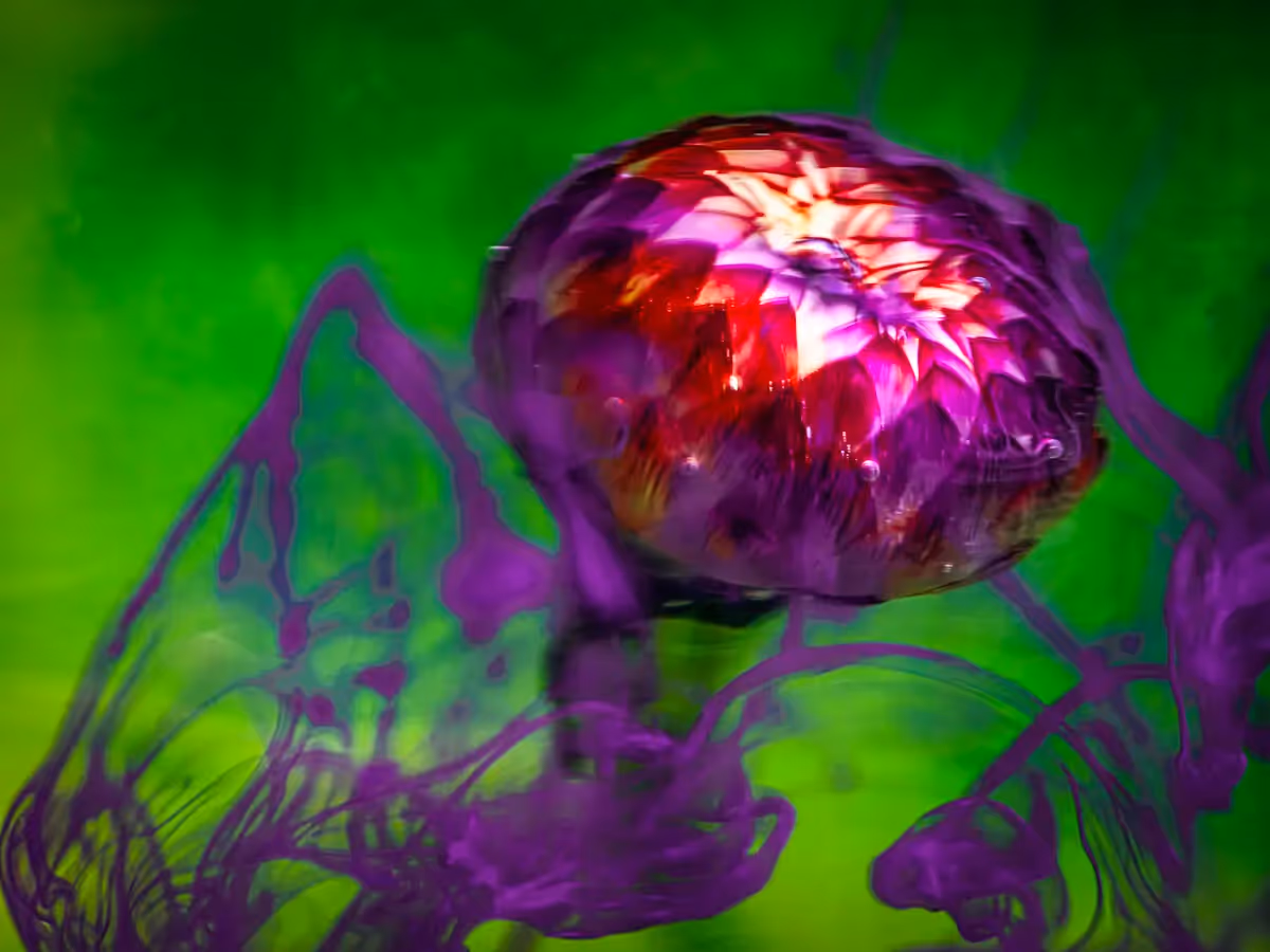 Submerged Series with water, botanicals/flowers and ink: Royal Flush, purple flower and ink with bright green background