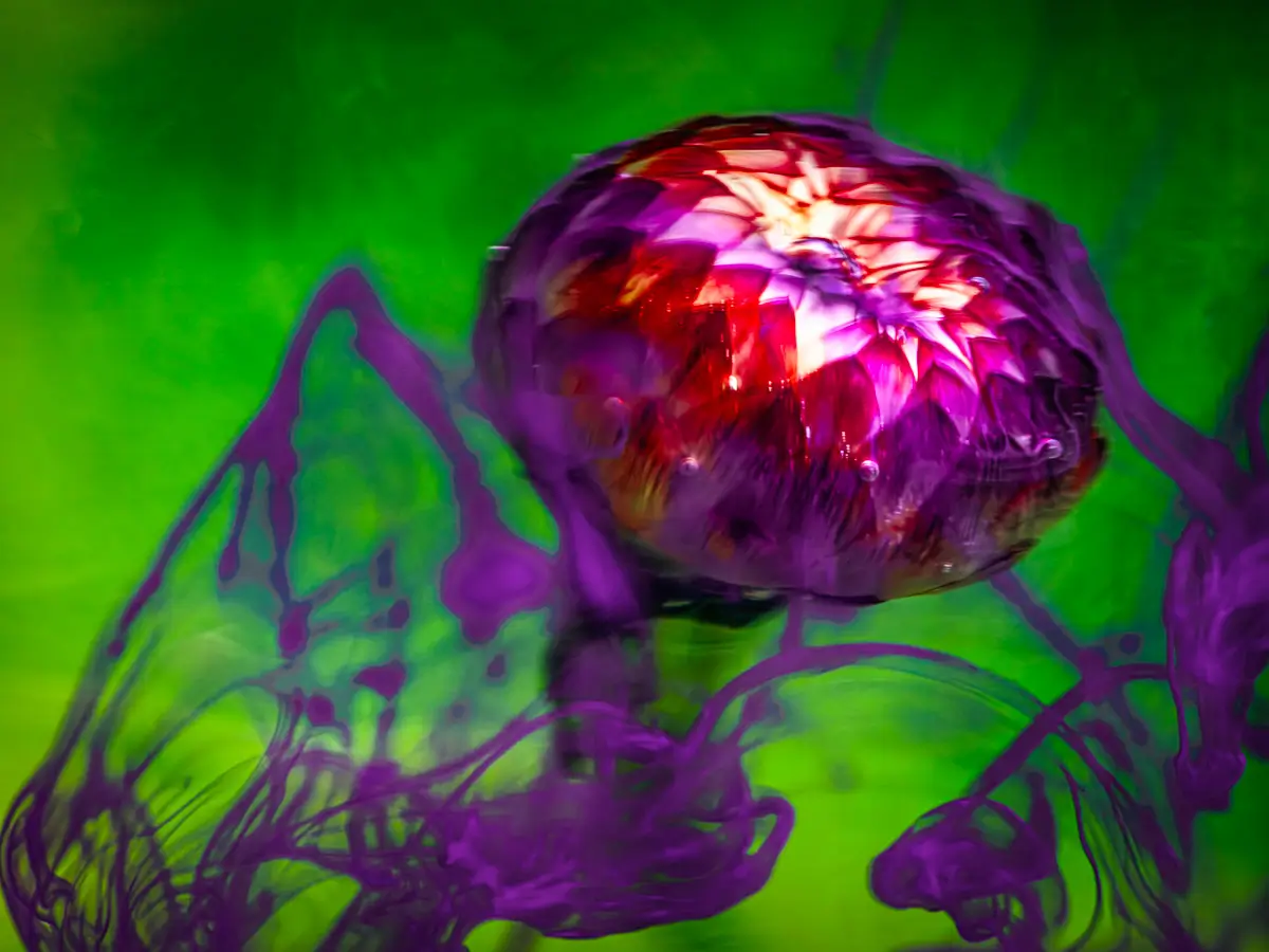 Submerged Series with water, botanicals/flowers and ink: Royal Flush, purple flower and ink with bright green background
