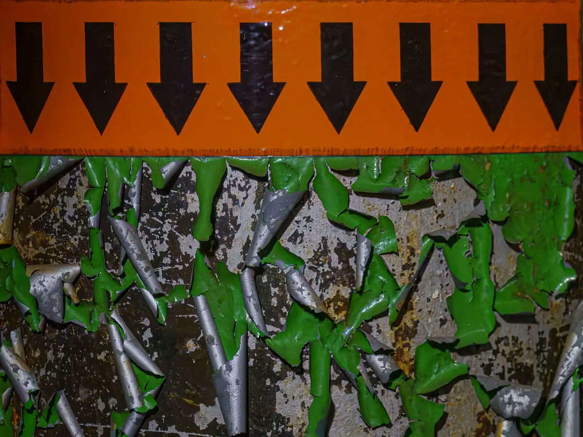 Manresa Island Power Plant: abstact, rust, peeling paint, shadows, light, arrows