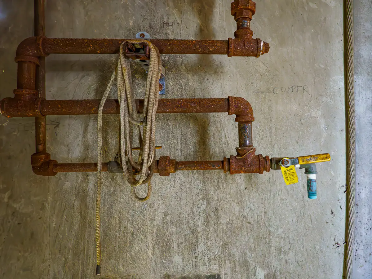 Manresa Island Power Plant: abstact, rust, peeling paint, shadows, light, pipes