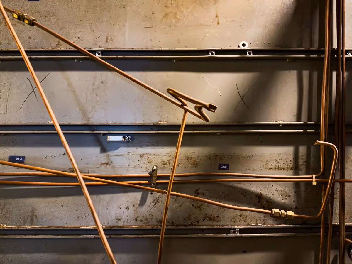 Manresa Island Power Plant: abstact, rust, peeling paint, shadows, light, mess of pipe lines