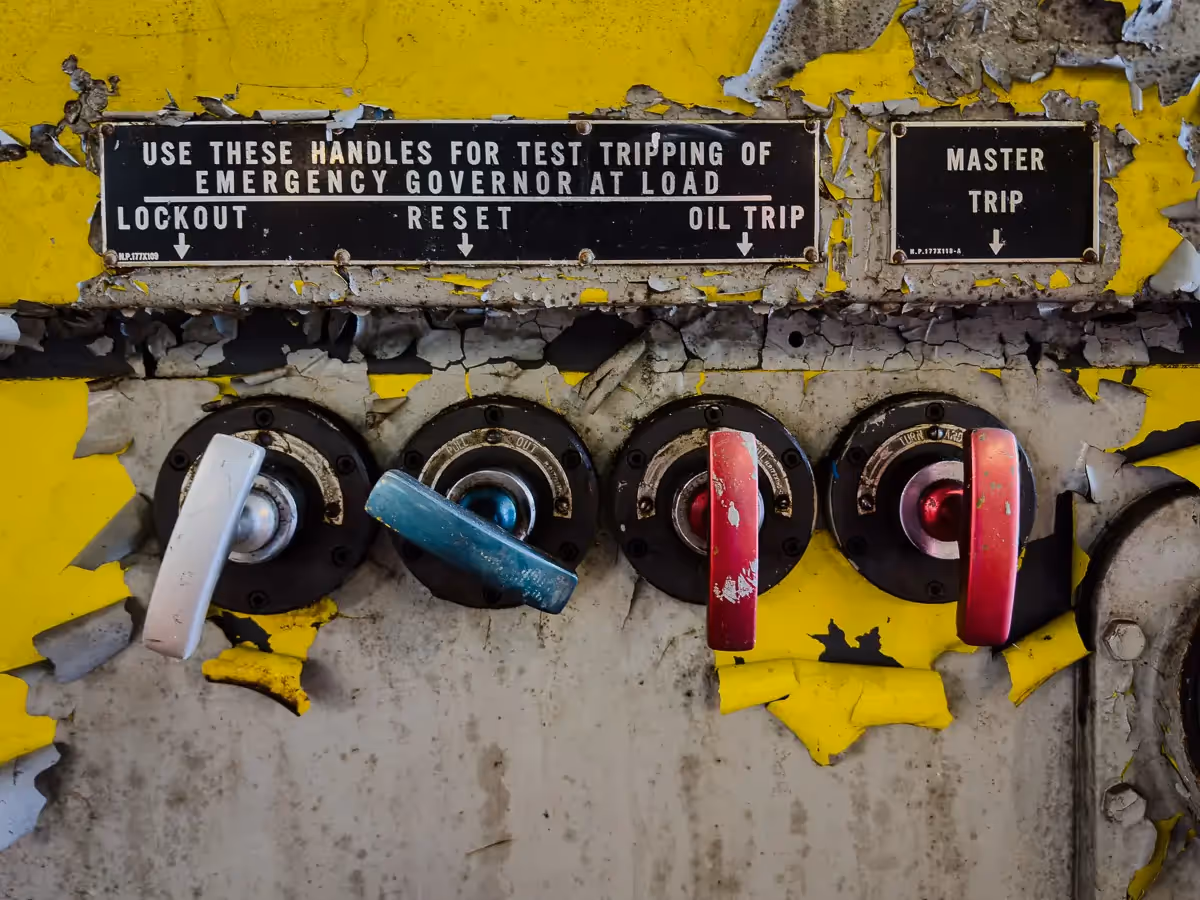 Manresa Island Power Plant: abstact, rust, peeling paint, shadows, light, colorful knobs