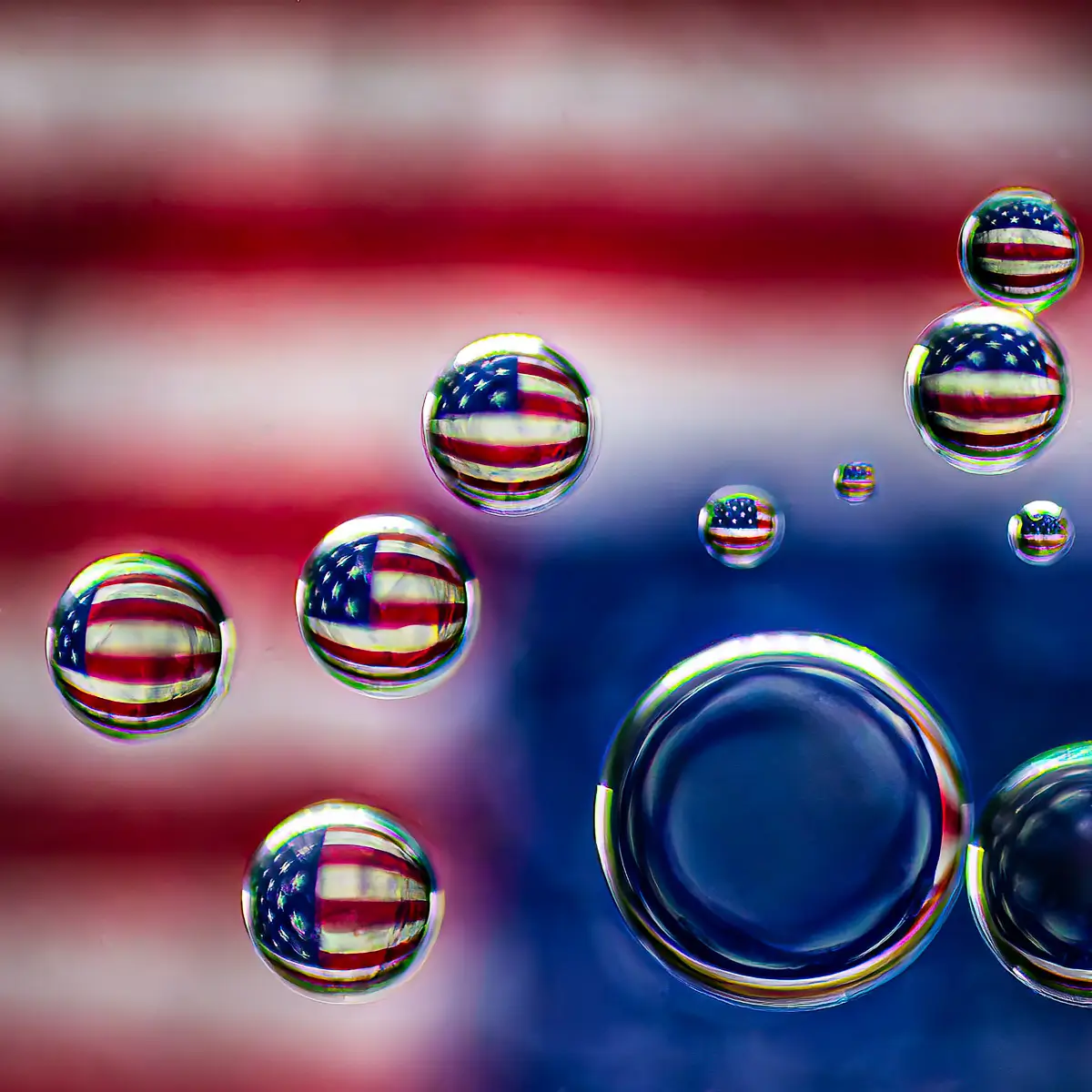 Immiscible: abstract of oil and water with a colorful background. American flag