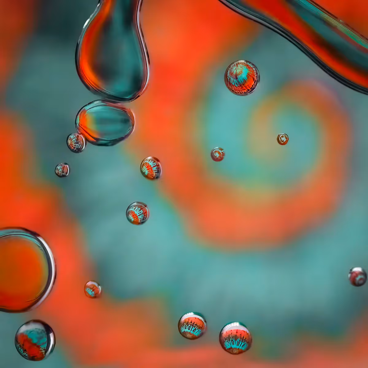 Immiscible: abstract of oil and water with a colorful background.  Blue and Red swirl